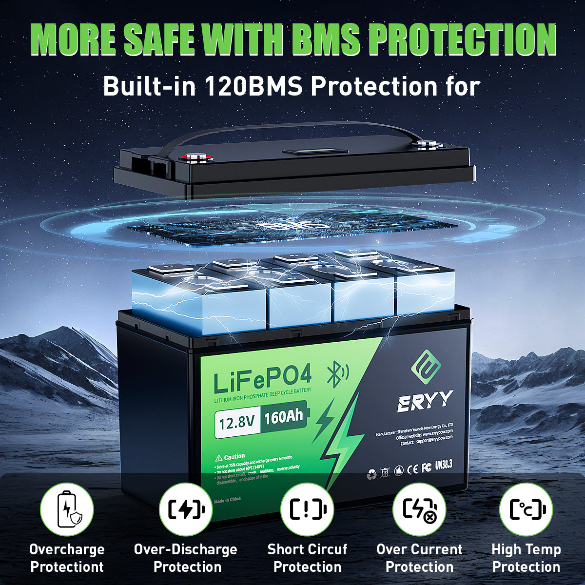 ERYY 12V 160AH LiFePO4 Battery（Buletooth）